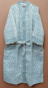 Waffle Cotton Handblock Printed Unisex Bathrobe - Free Size