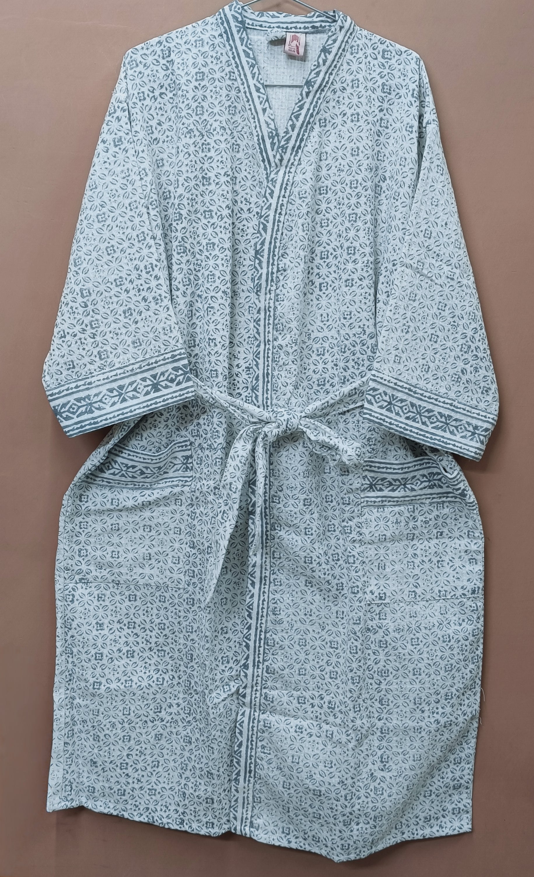 Waffle Cotton Handblock Printed Unisex Bathrobe - Free Size