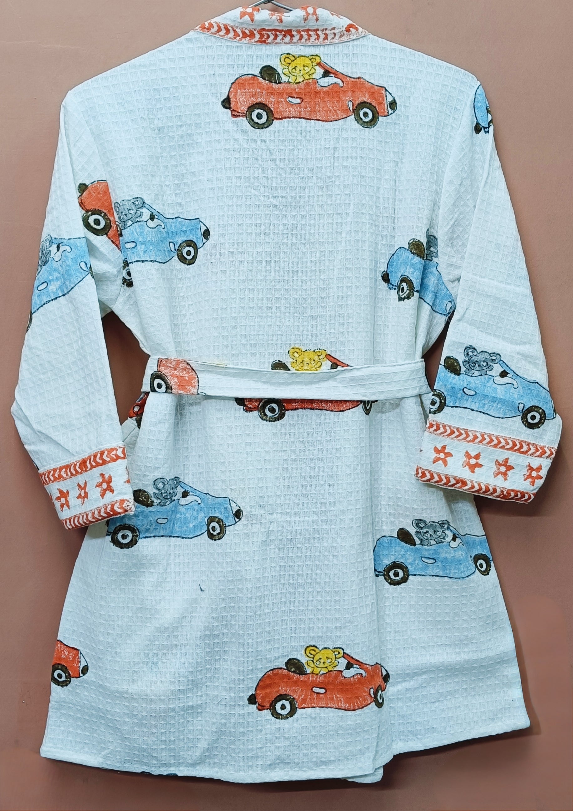 Handblock printed waffle cotton bathrobe for kids - 4-13 years old