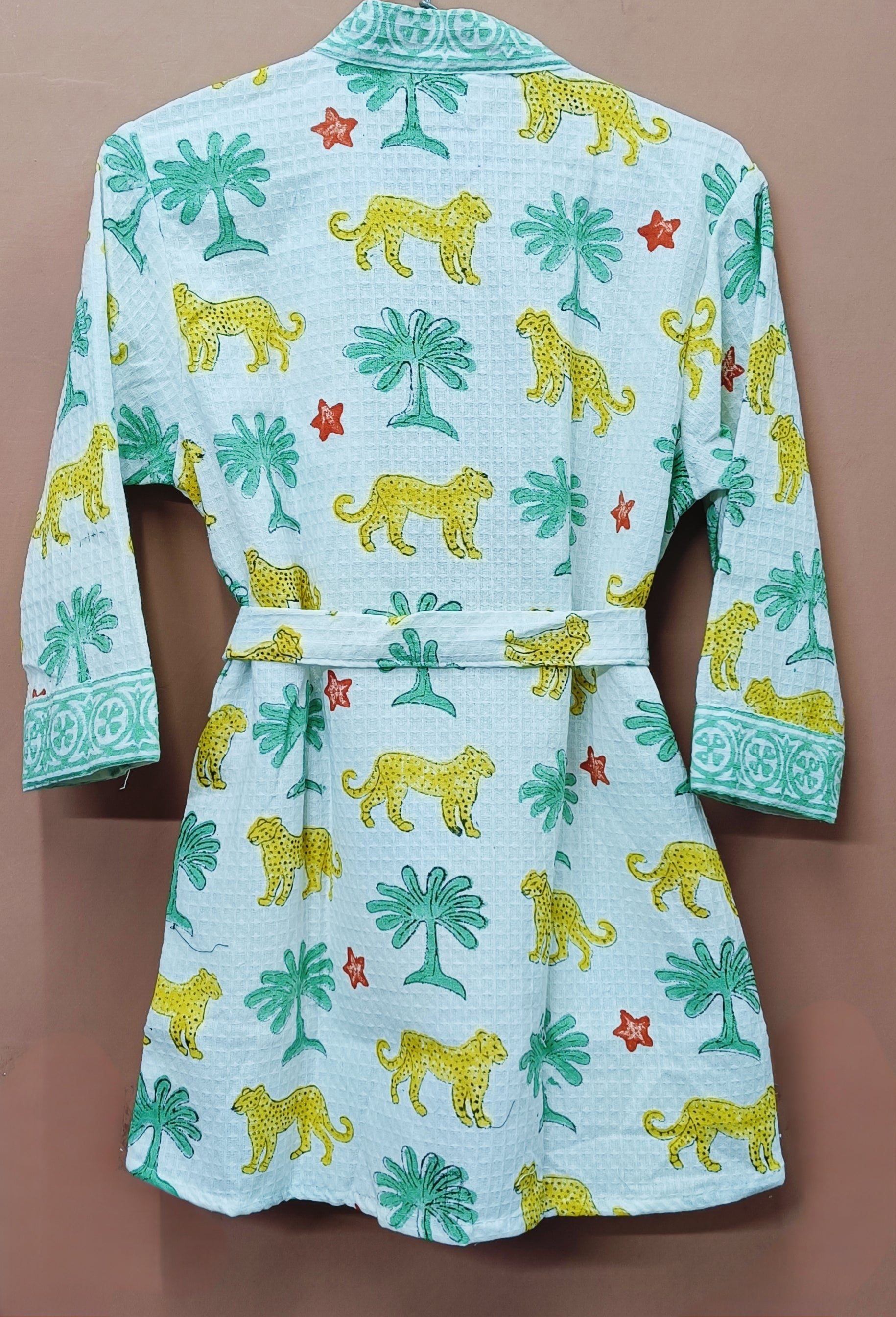 Handblock printed waffle cotton bathrobe for kids - 4-13 years old