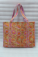 Handblock Printed Quilted Tote Bag without zip/button 17x18x 6 inches