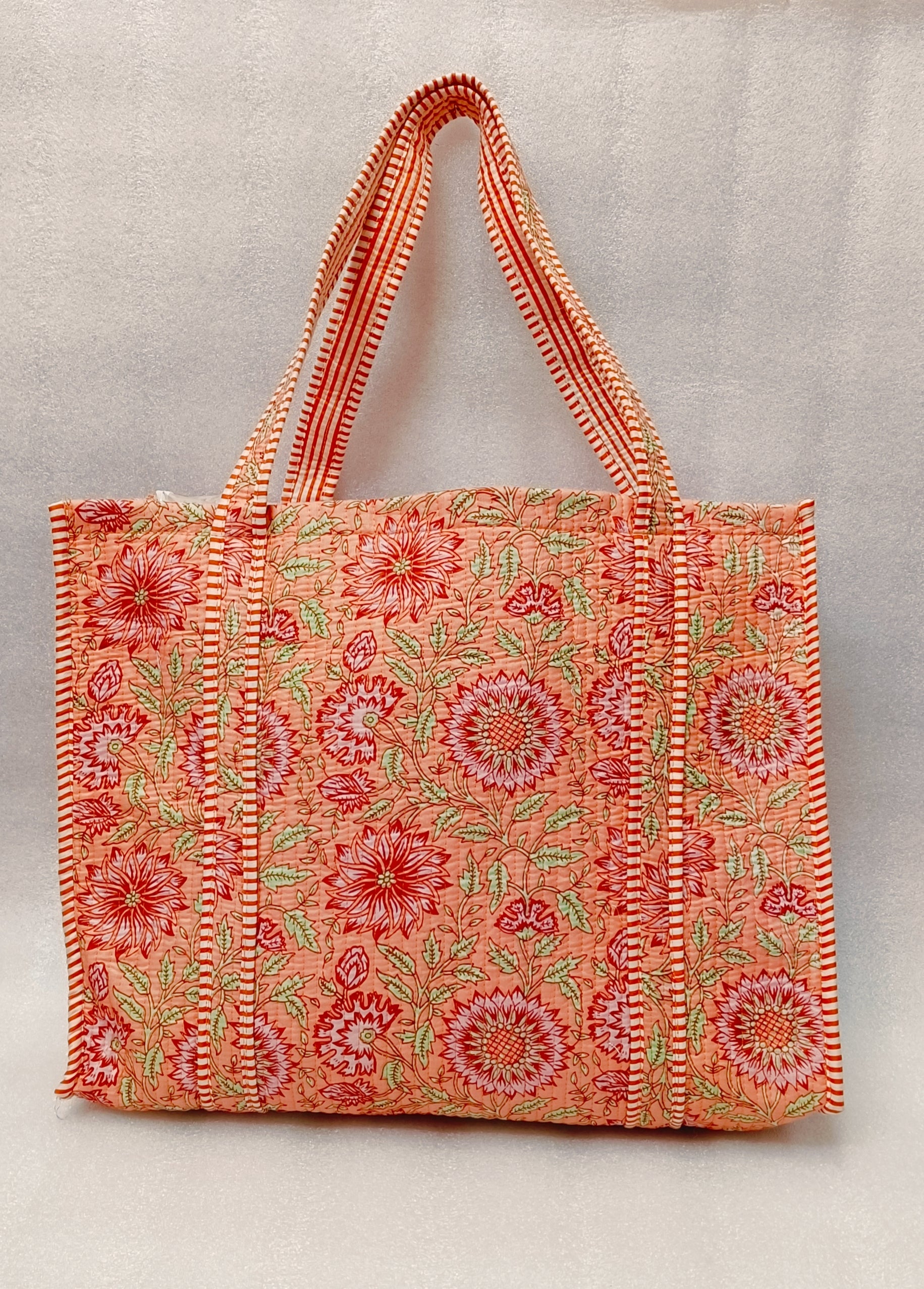 Handblock Printed Quilted Tote Bag without zip/button 17x18x 6 inches