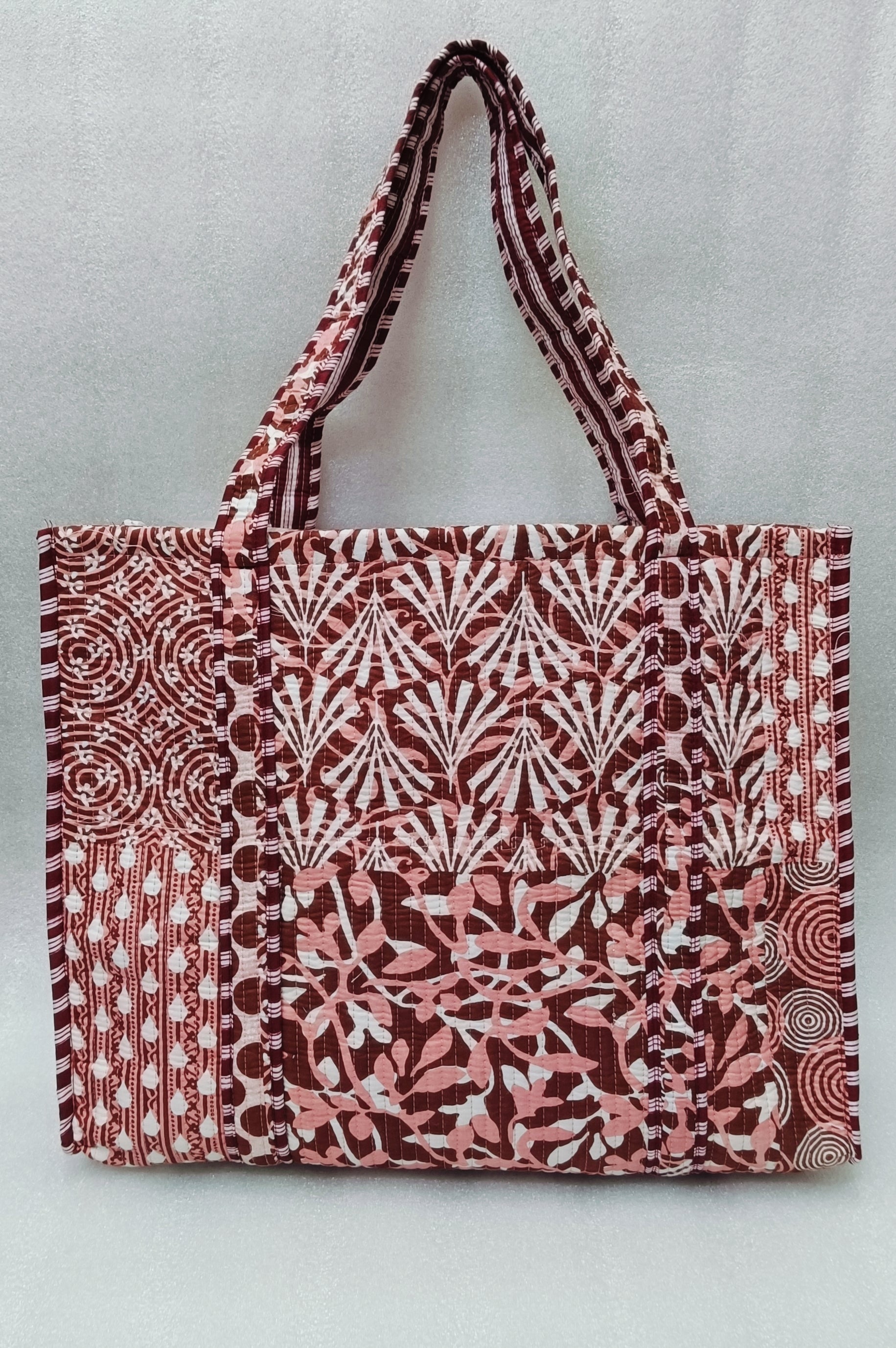 Handblock Printed Quilted Tote Bag without zip/button 17x18x 6 inches