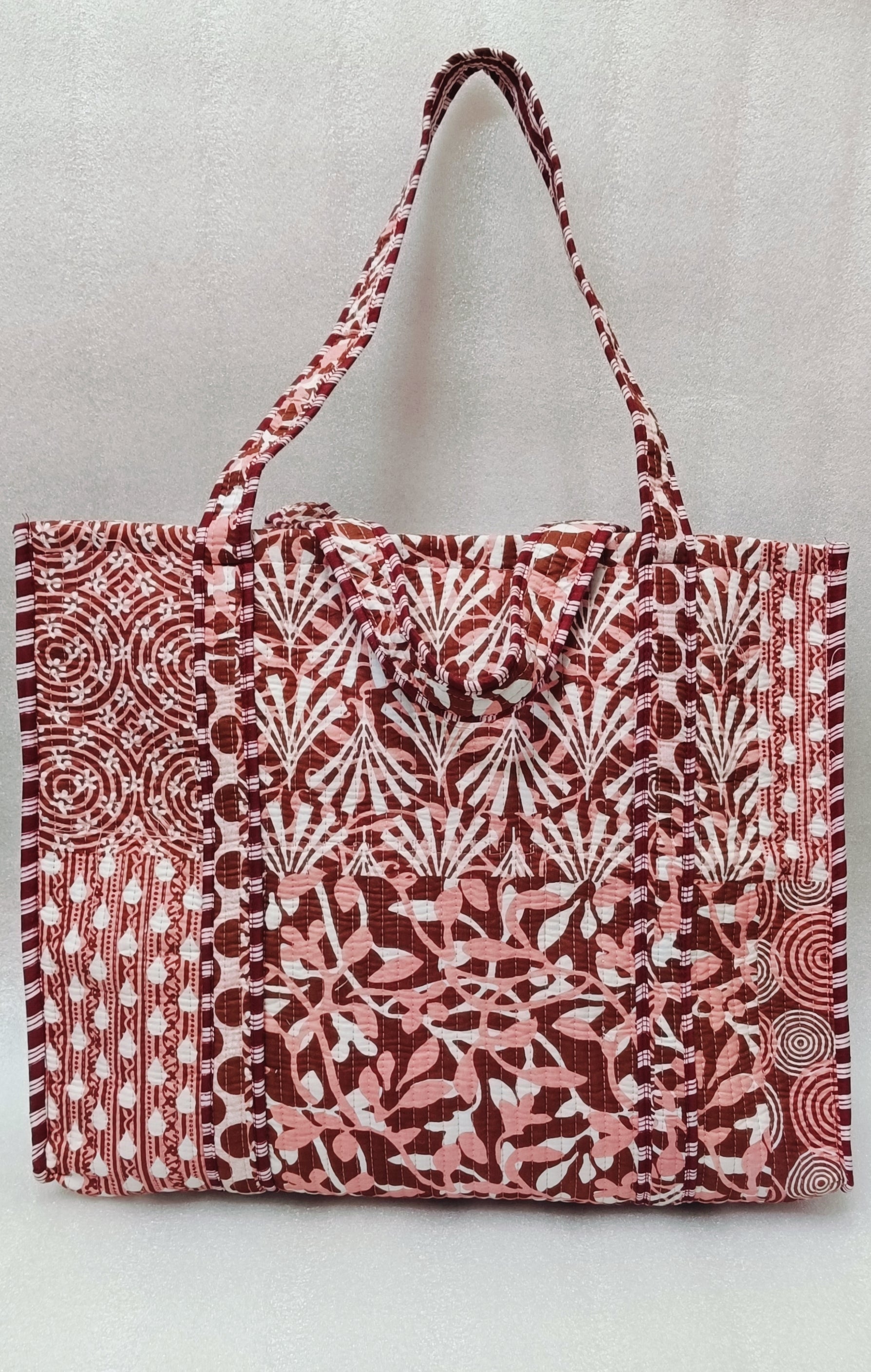 Handblock Printed Quilted Tote Bag without zip/button 17x18x 6 inches