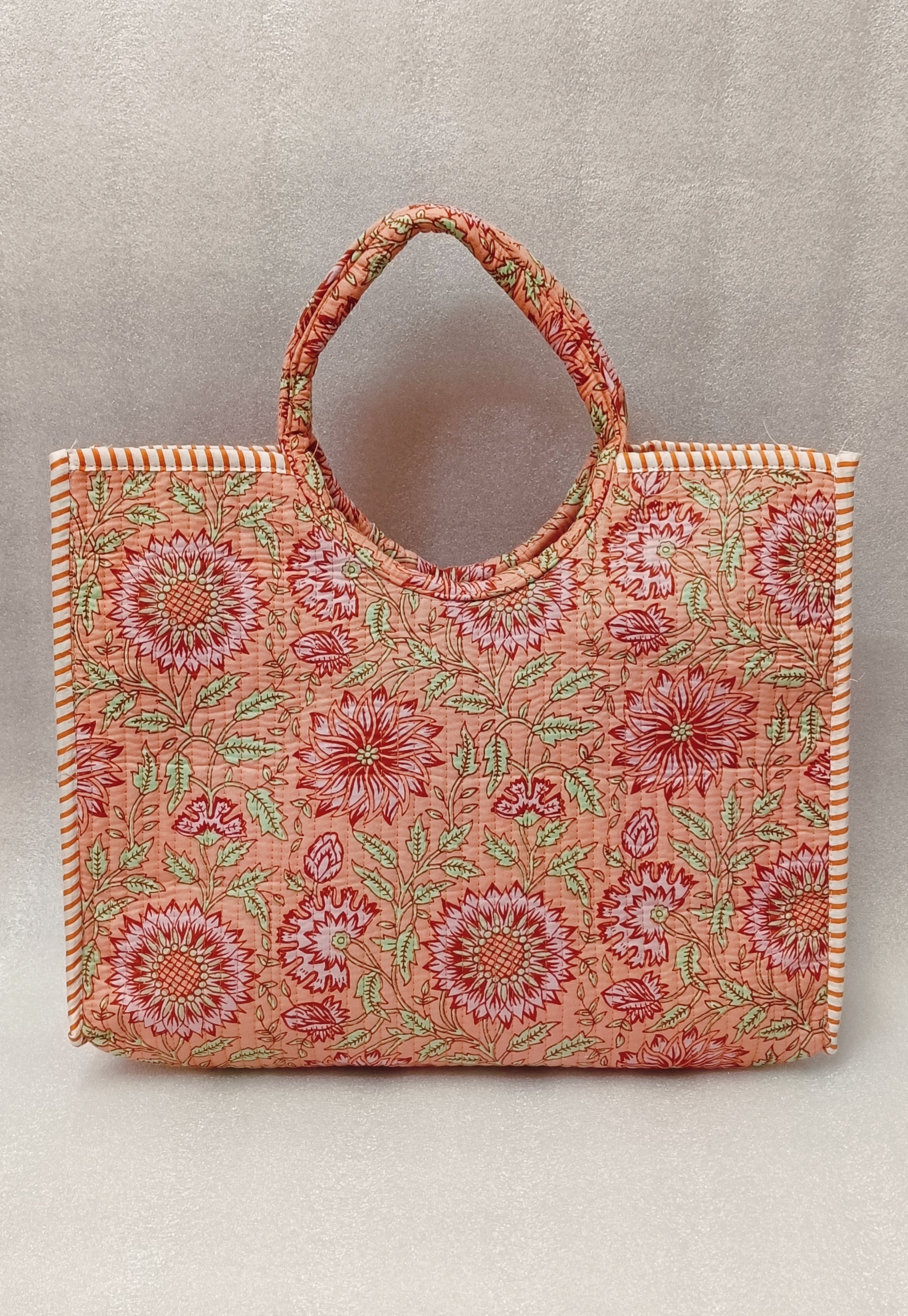 Handblock Printed Cotton Tote Bag with Unique Moon-Shaped Handle- 14x14x6 inches