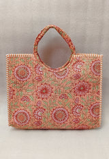 Handblock Printed Cotton Tote Bag with Unique Moon-Shaped Handle- 14x14x6 inches