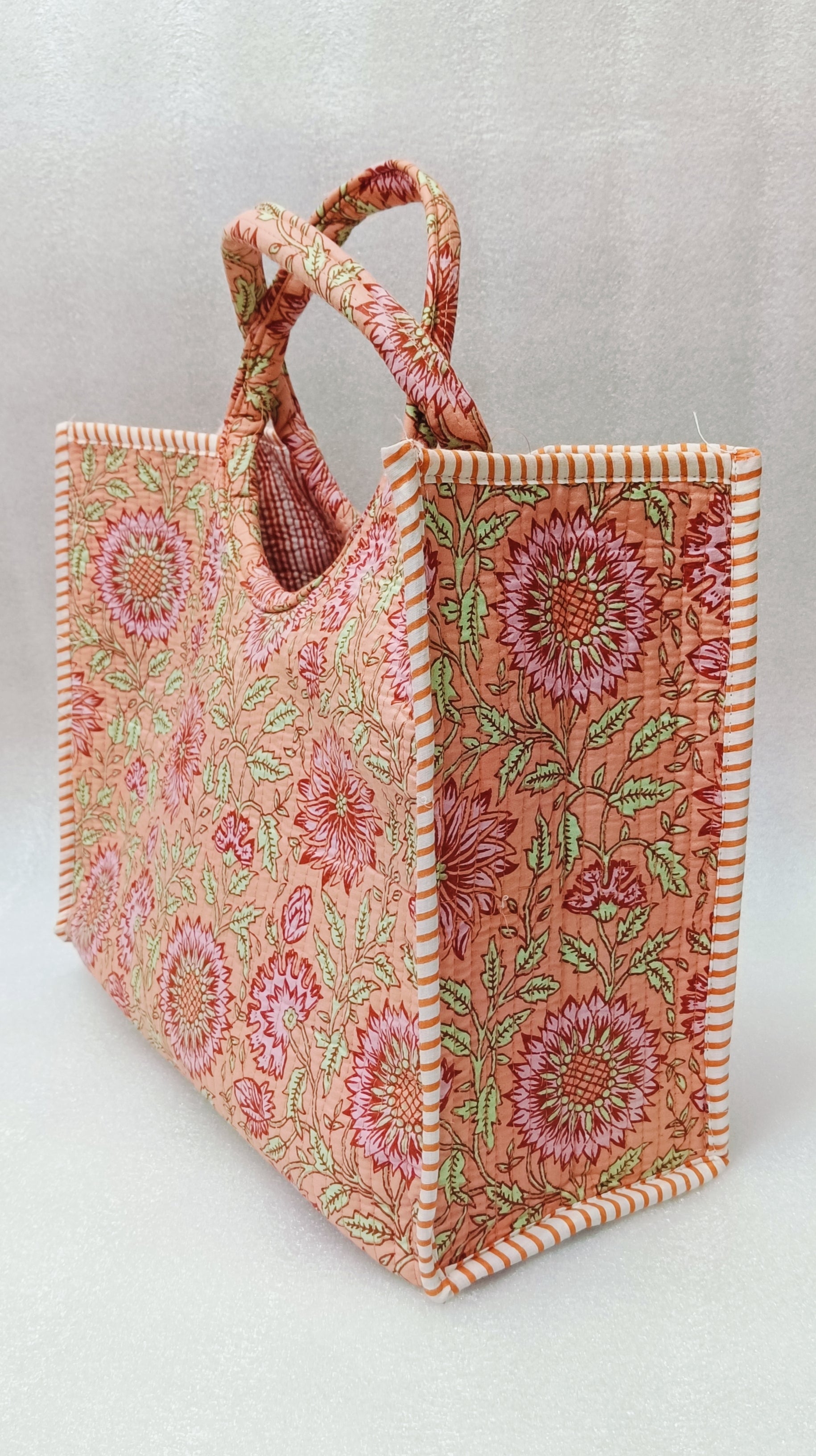 Handblock Printed Cotton Tote Bag with Unique Moon-Shaped Handle- 14x14x6 inches