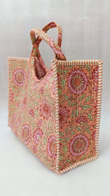 Handblock Printed Cotton Tote Bag with Unique Moon-Shaped Handle- 14x14x6 inches
