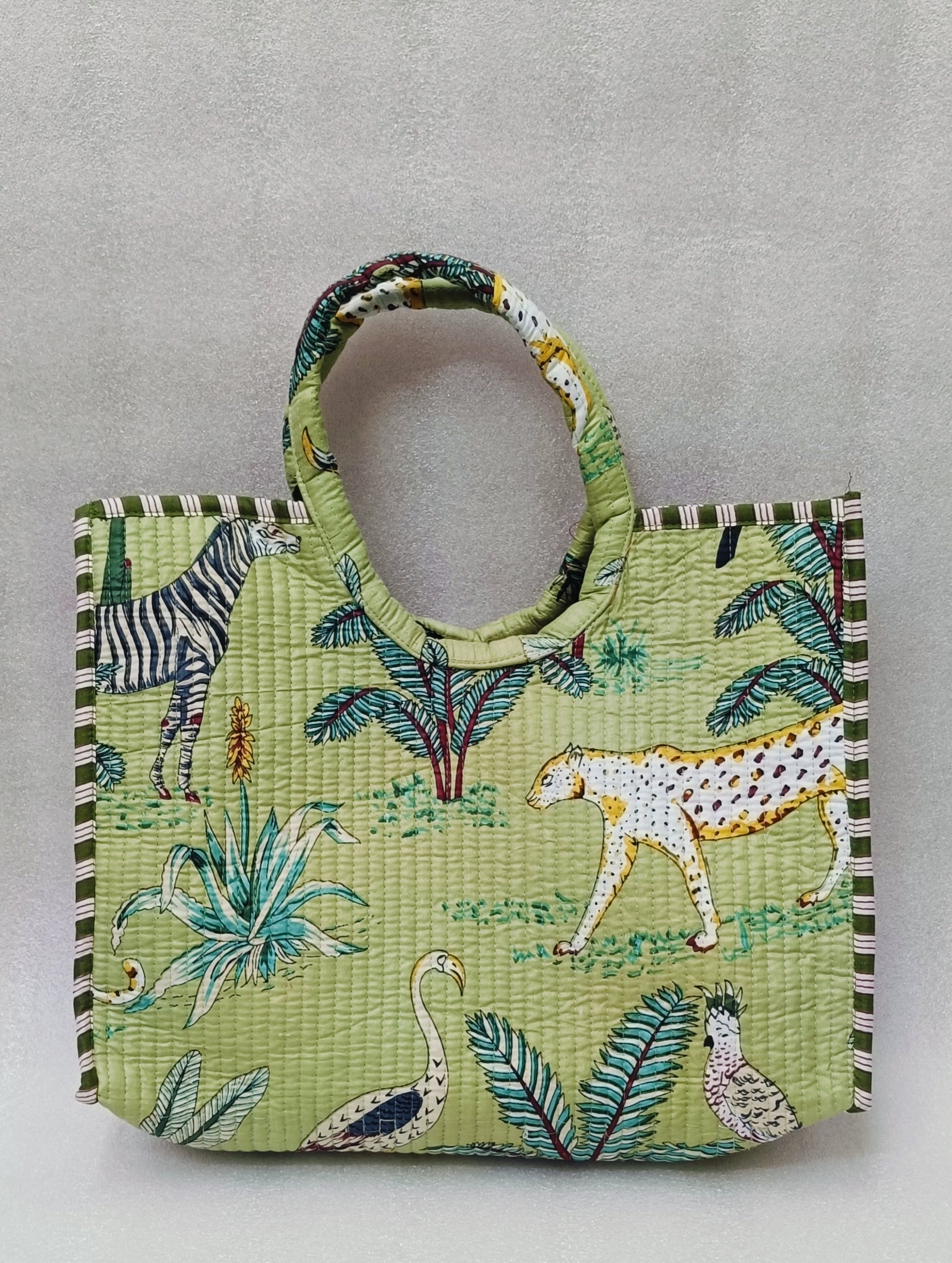 Handblock Printed Cotton Tote Bag with Unique Moon-Shaped Handle- 14x14x6 inches