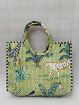Handblock Printed Cotton Tote Bag with Unique Moon-Shaped Handle- 14x14x6 inches