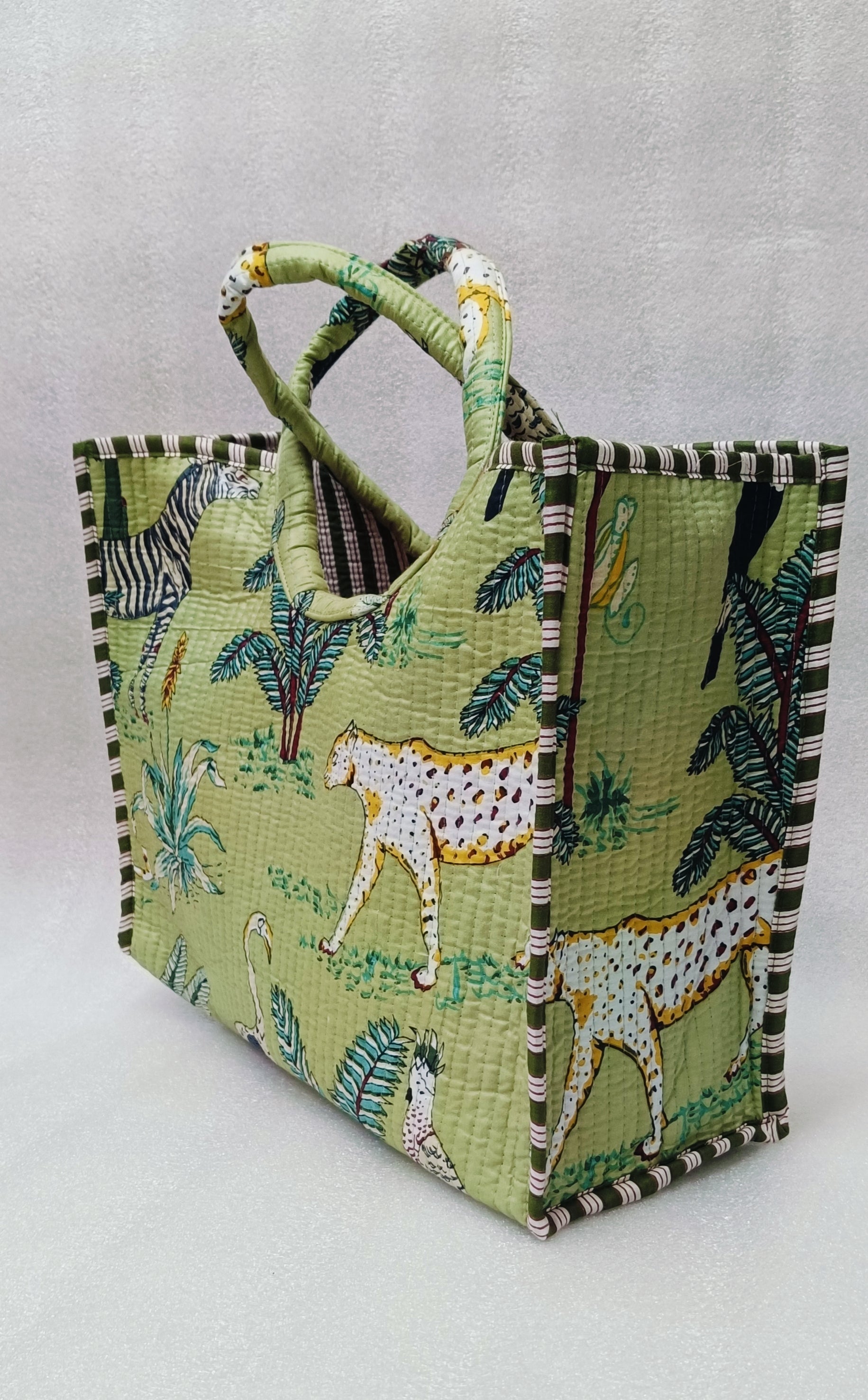 Handblock Printed Cotton Tote Bag with Unique Moon-Shaped Handle- 14x14x6 inches