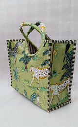 Handblock Printed Cotton Tote Bag with Unique Moon-Shaped Handle- 14x14x6 inches