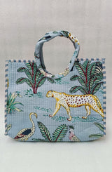 Handblock Printed Cotton Tote Bag with Unique Moon-Shaped Handle- 14x14x6 inches