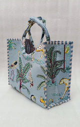 Handblock Printed Cotton Tote Bag with Unique Moon-Shaped Handle- 14x14x6 inches