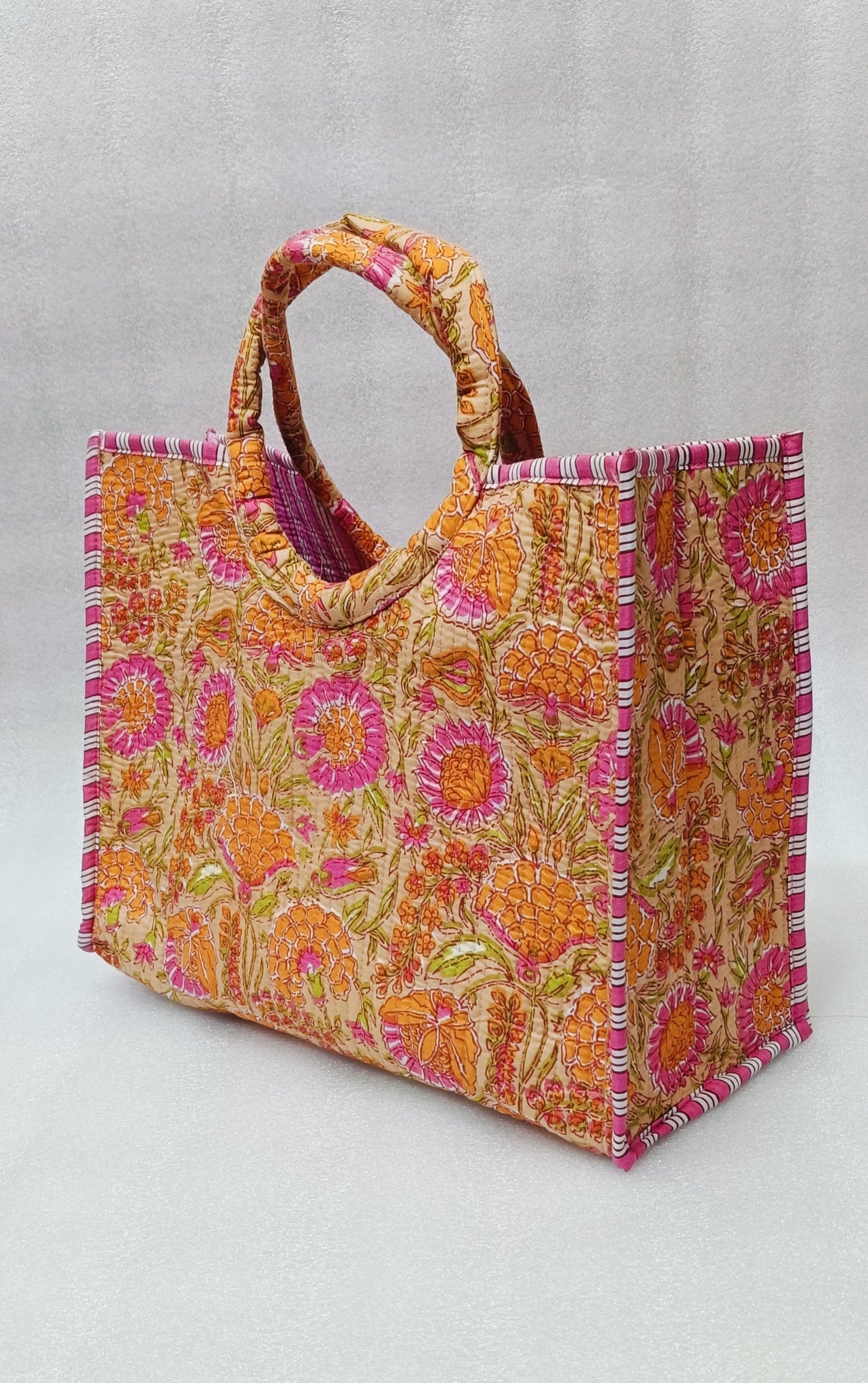 Handblock Printed Cotton Tote Bag with Unique Moon-Shaped Handle- 14x14x6 inches
