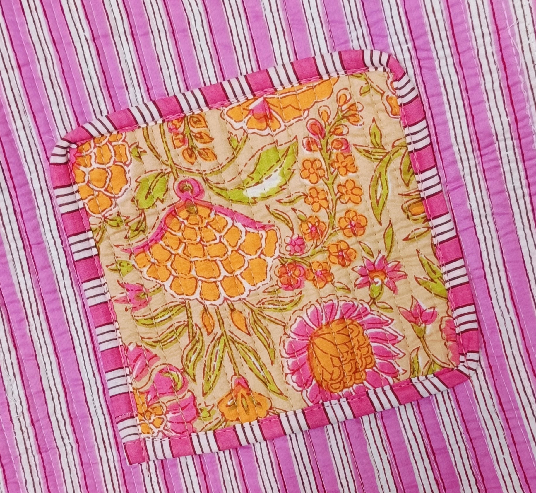 Handblock Printed Cotton Tote Bag with Unique Moon-Shaped Handle- 14x14x6 inches