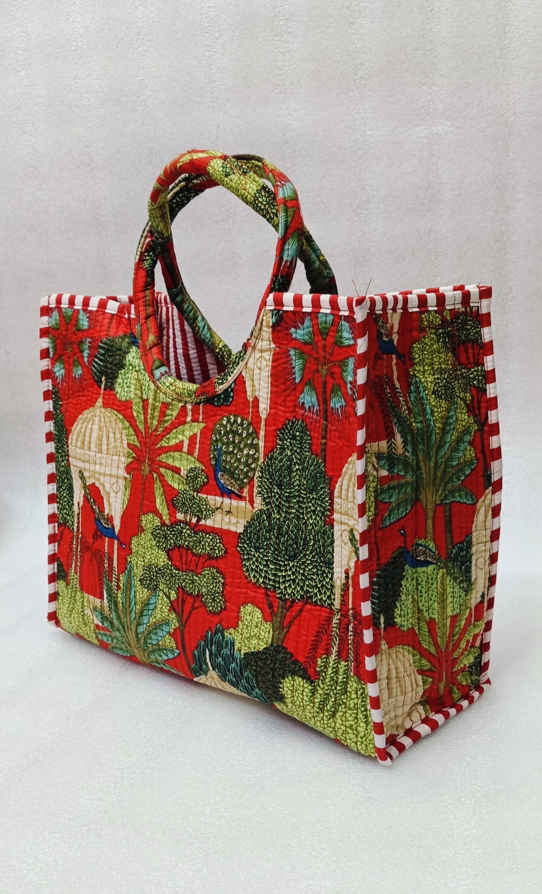 Handblock Printed Cotton Tote Bag with Unique Moon-Shaped Handle- 14x14x6 inches