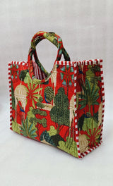 Handblock Printed Cotton Tote Bag with Unique Moon-Shaped Handle- 14x14x6 inches