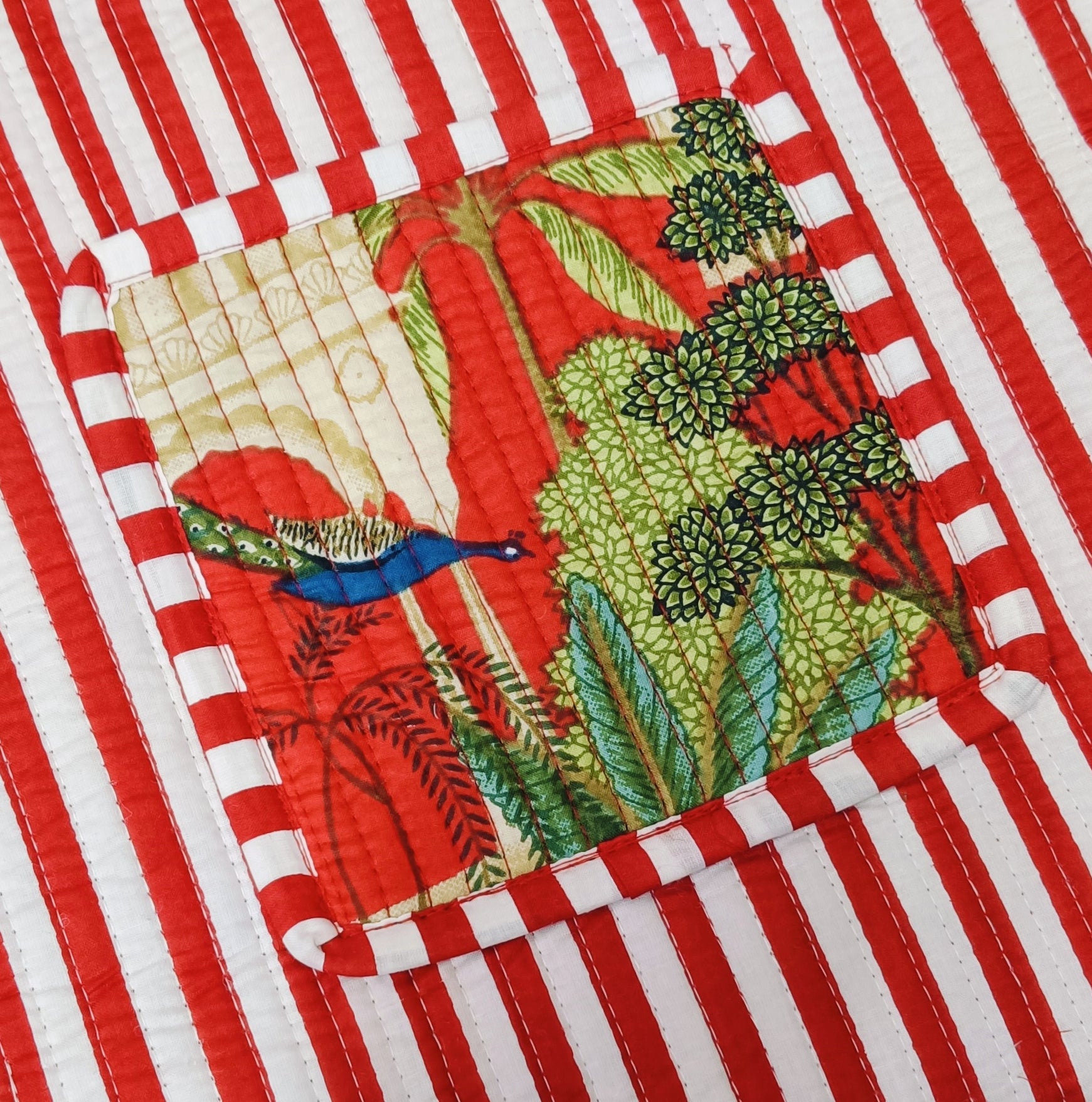 Handblock Printed Cotton Tote Bag with Unique Moon-Shaped Handle- 14x14x6 inches