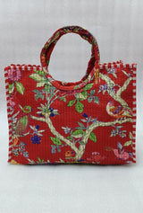 Handblock Printed Cotton Tote Bag with Unique Moon-Shaped Handle- 14x14x6 inches
