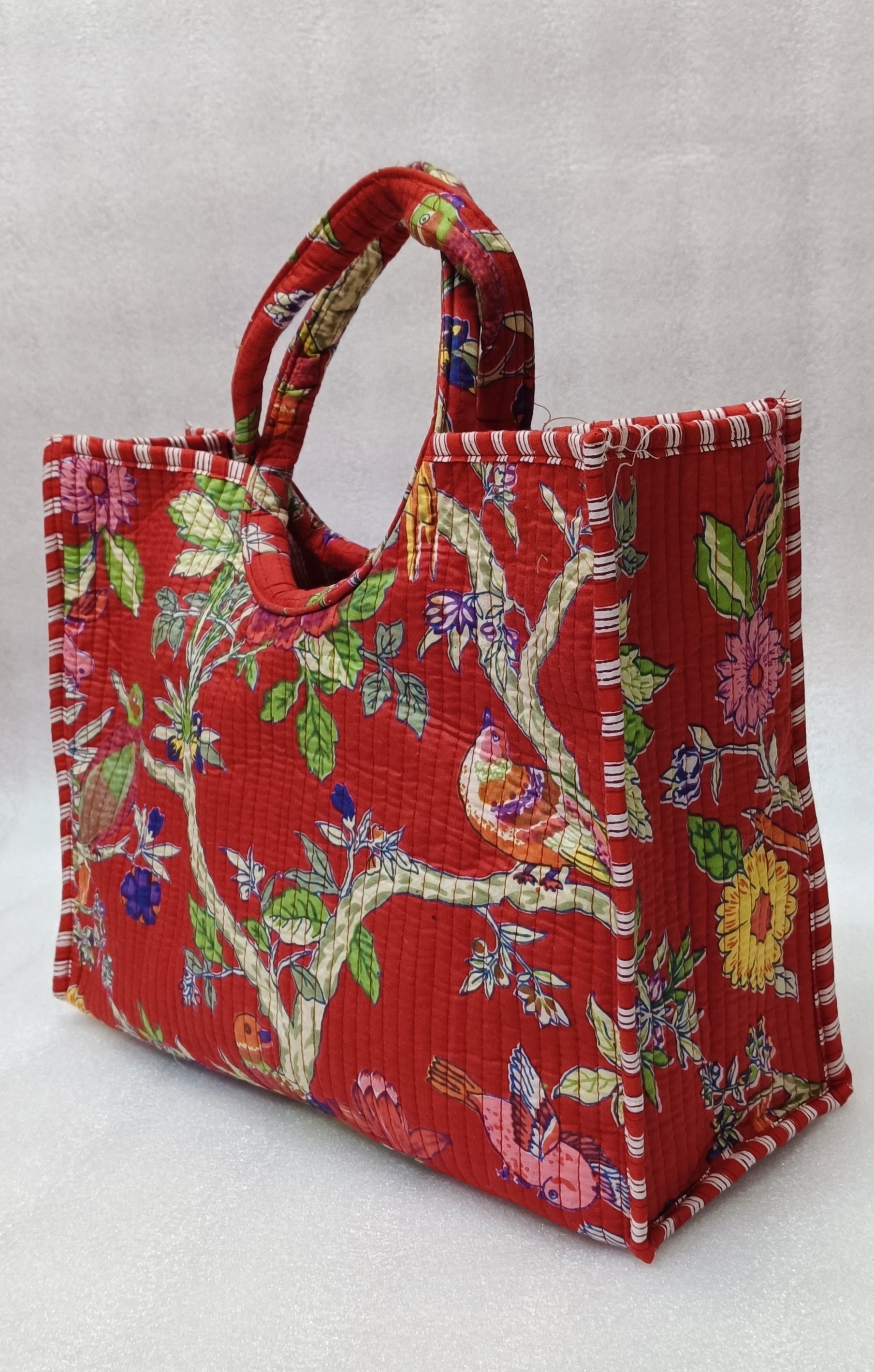 Handblock Printed Cotton Tote Bag with Unique Moon-Shaped Handle- 14x14x6 inches