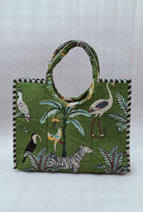 Handblock Printed Cotton Tote Bag with Unique Moon-Shaped Handle- 14x14x6 inches