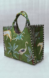 Handblock Printed Cotton Tote Bag with Unique Moon-Shaped Handle- 14x14x6 inches