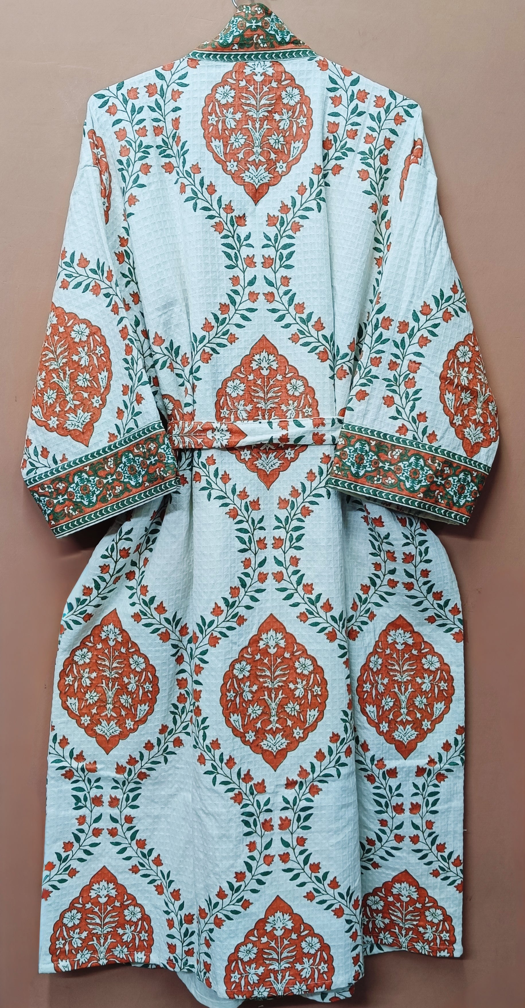 Waffle Cotton Handblock Printed Unisex Bathrobe - Free Size