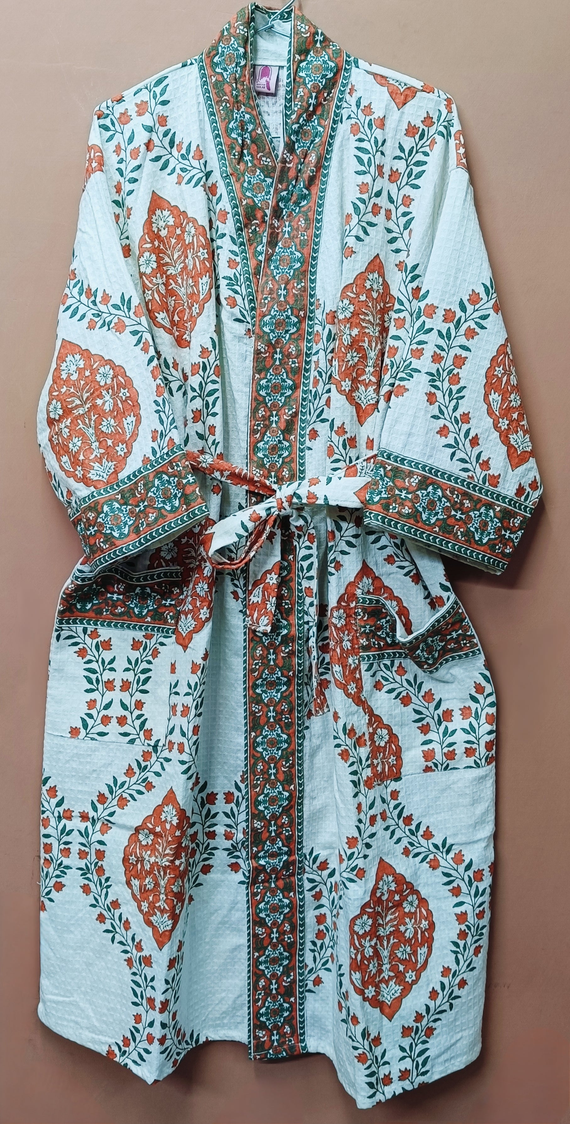 Waffle Cotton Handblock Printed Unisex Bathrobe - Free Size