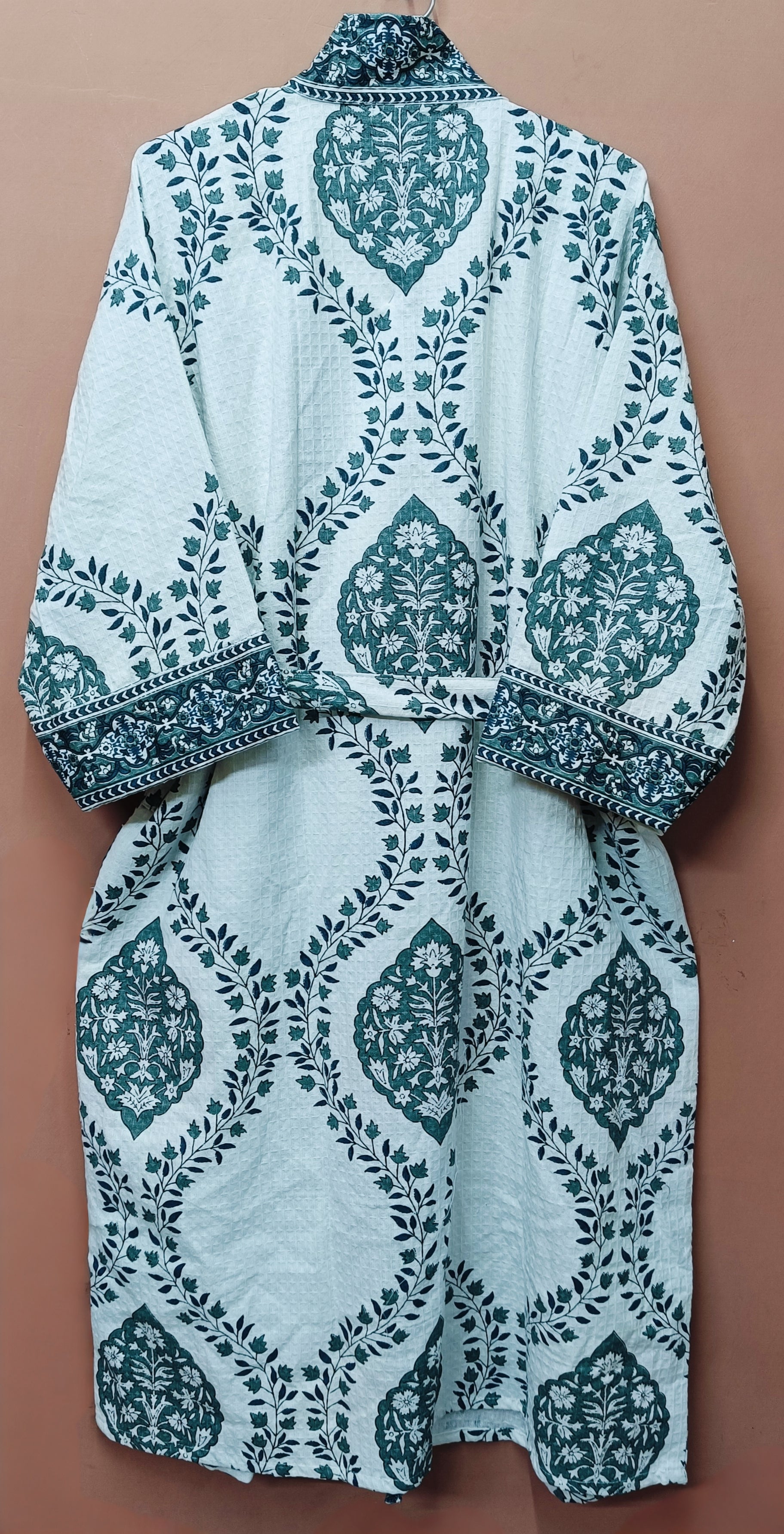 Waffle Cotton Handblock Printed Unisex Bathrobe - Free Size