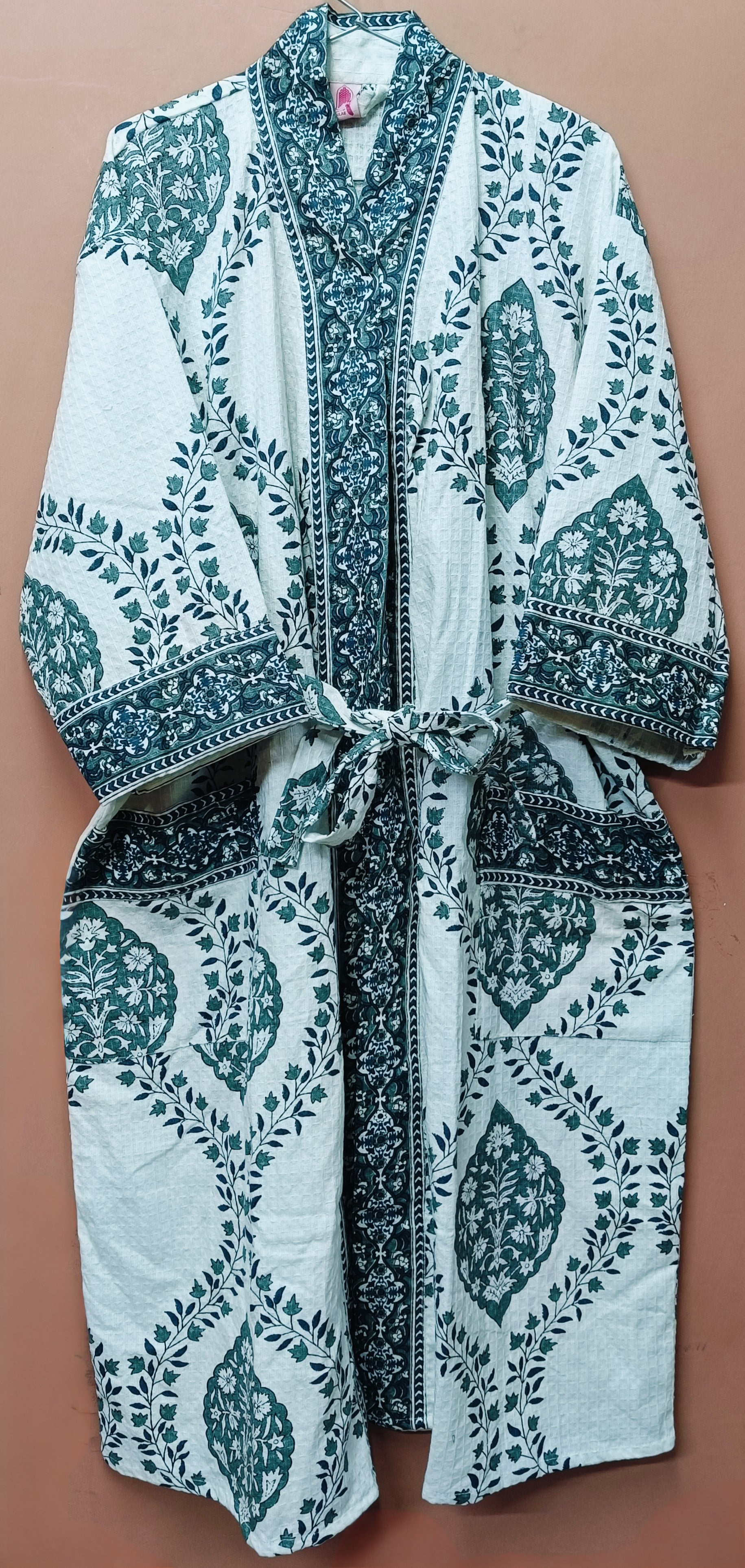 Waffle Cotton Handblock Printed Unisex Bathrobe - Free Size