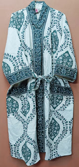 Waffle Cotton Handblock Printed Unisex Bathrobe - Free Size