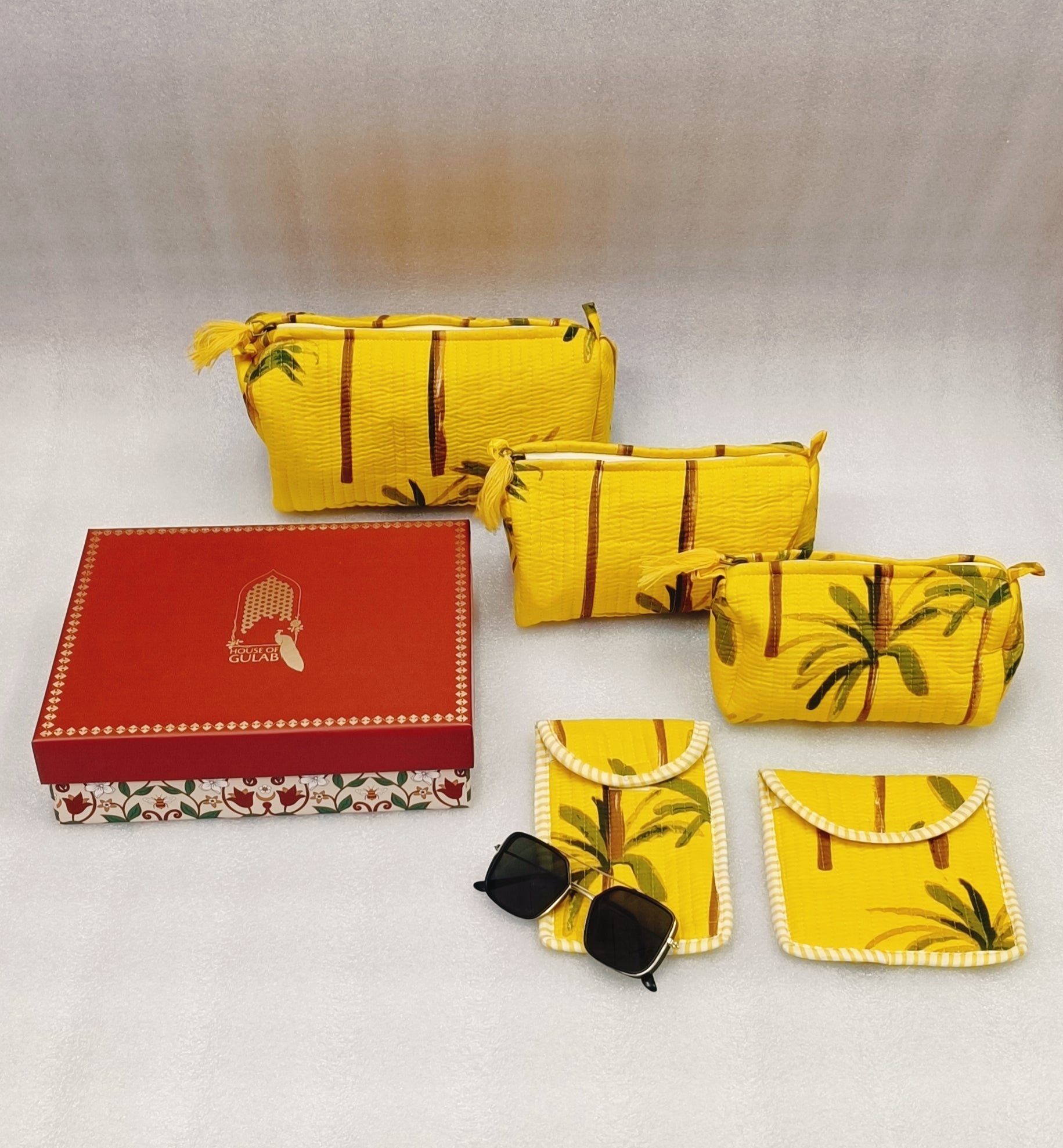 Rakhi Gift Box – Set of 5 Utility Pouches (3 Makeup Pouches, 1 Sunglass Pouch, 1 Sanitary Napkin Pouch)