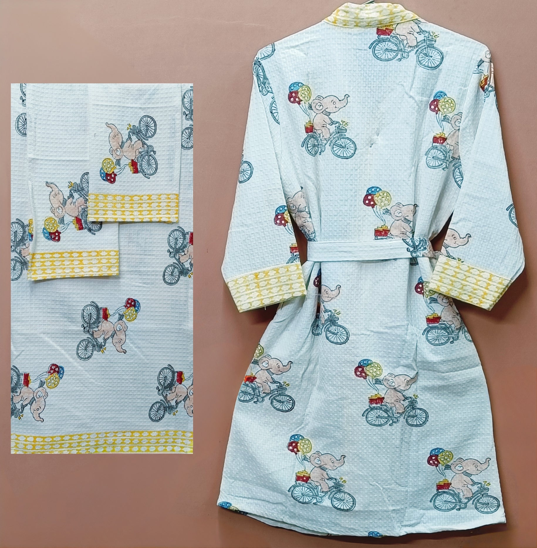 Handblock Printed Waffle Cotton Bathrobe Gift Box for Kids (4-13 Years) – Includes Bath Towel & 2 Hand Towels