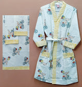 Handblock Printed Waffle Cotton Bathrobe Gift Box for Kids (4-13 Years) – Includes Bath Towel & 2 Hand Towels