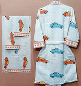 Handblock Printed Waffle Cotton Bathrobe Gift Box for Kids (4-13 Years) – Includes Bath Towel & 2 Hand Towels