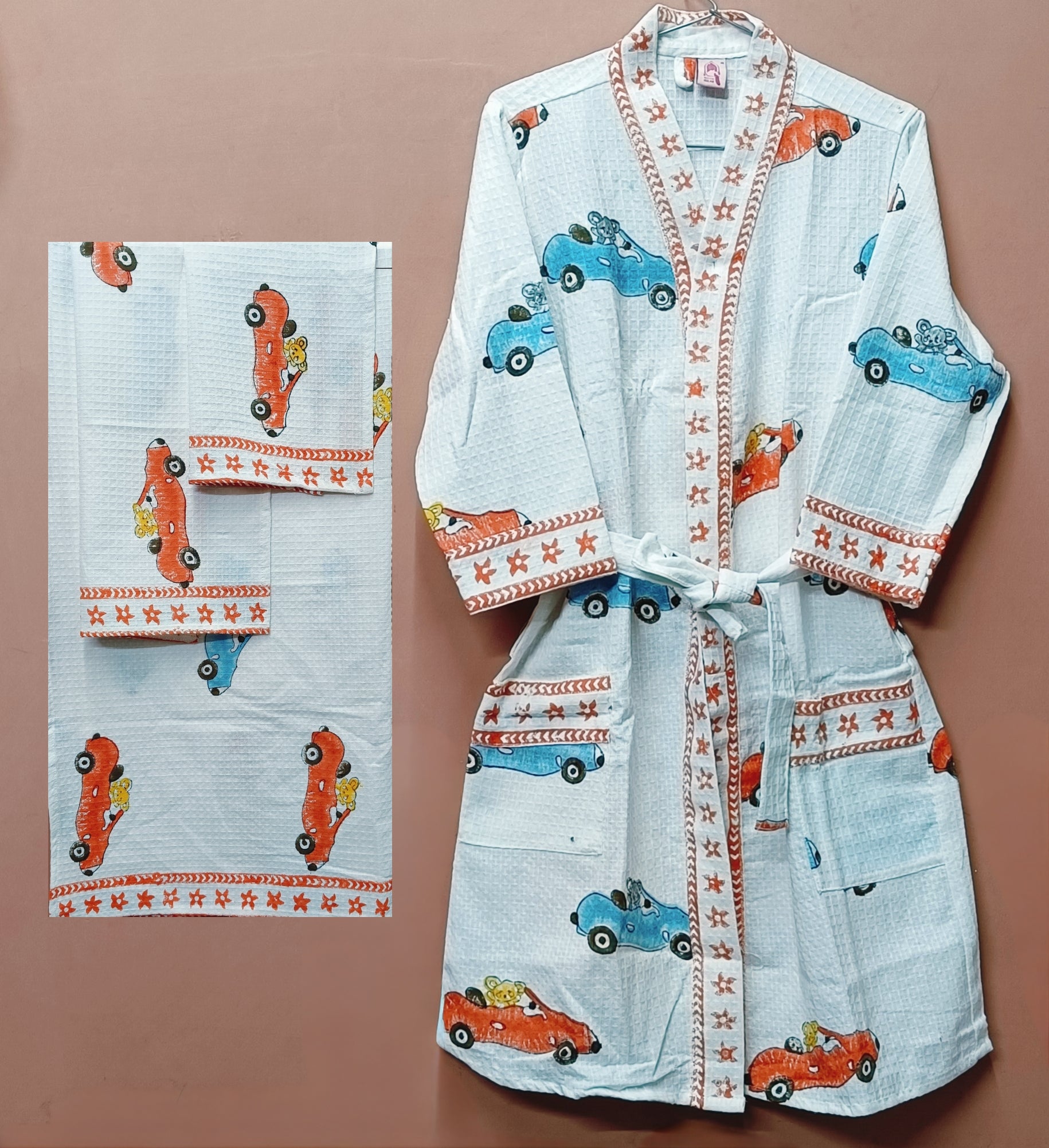 Handblock Printed Waffle Cotton Bathrobe Gift Box for Kids (4-13 Years) – Includes Bath Towel & 2 Hand Towels