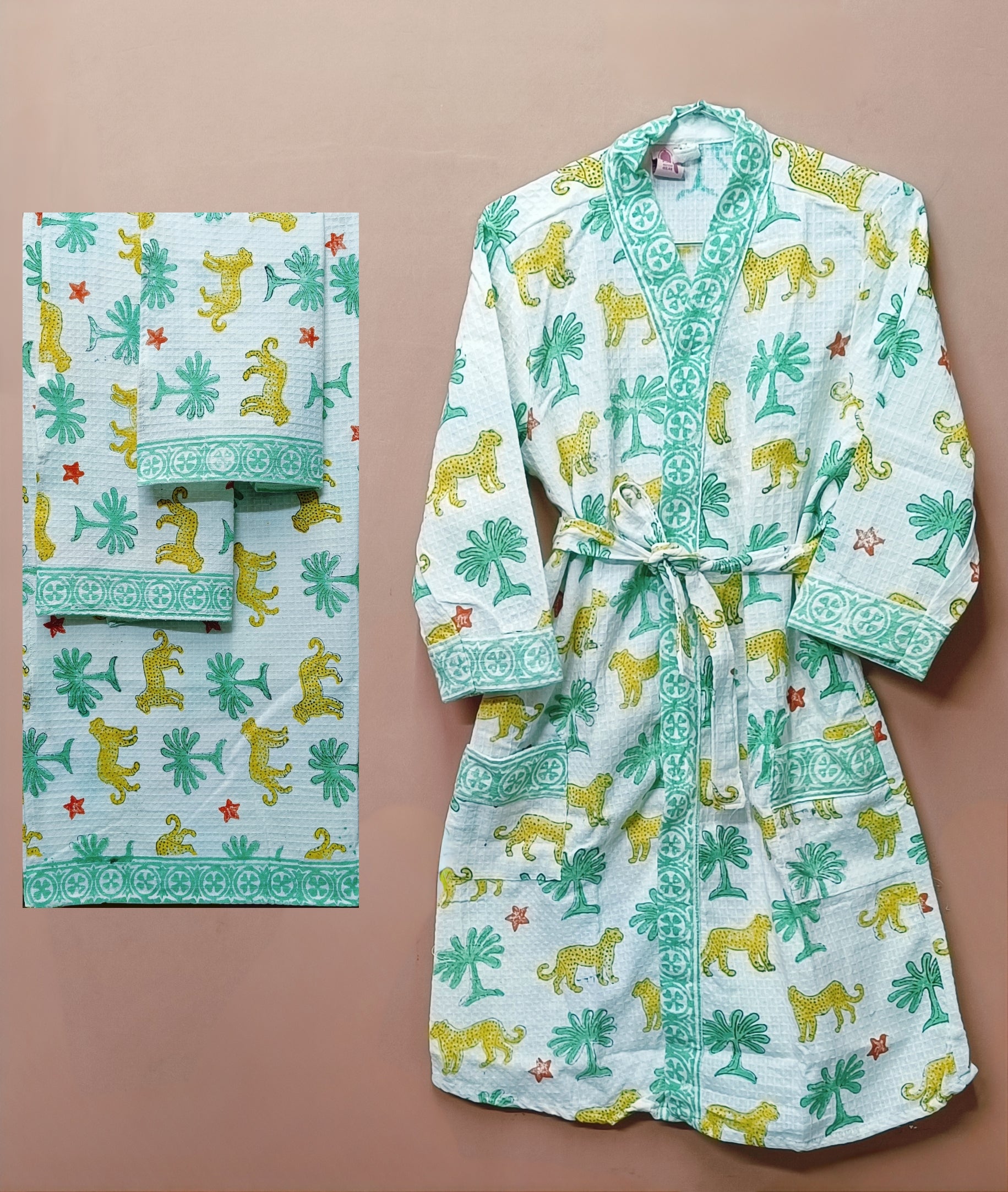 Handblock Printed Waffle Cotton Bathrobe Gift Box for Kids (4-13 Years) – Includes Bath Towel & 2 Hand Towels