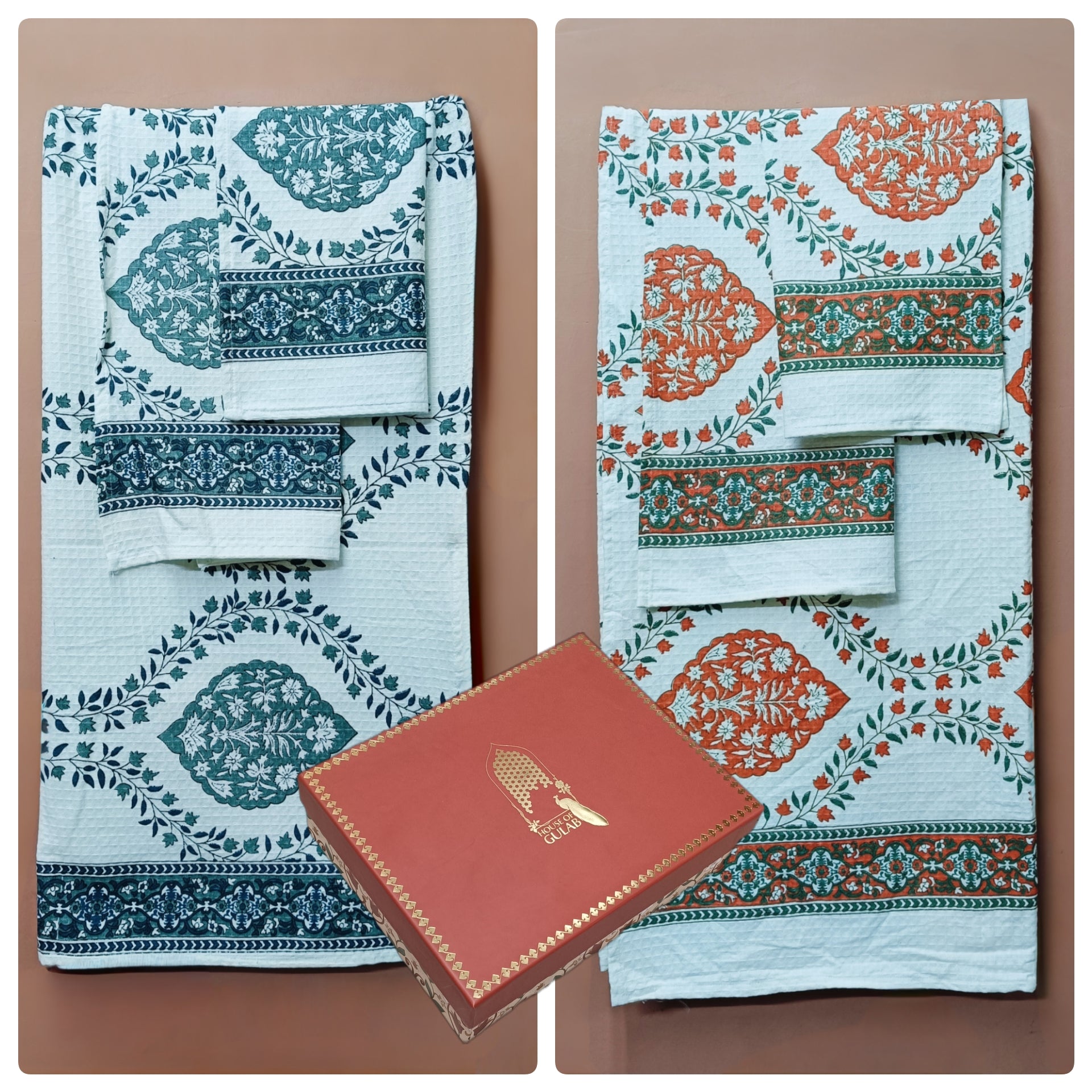 His & Her Towel Gift Set - Handblock Printed Towels - 2 Bath + 4 Hand Towels in 2 designs
