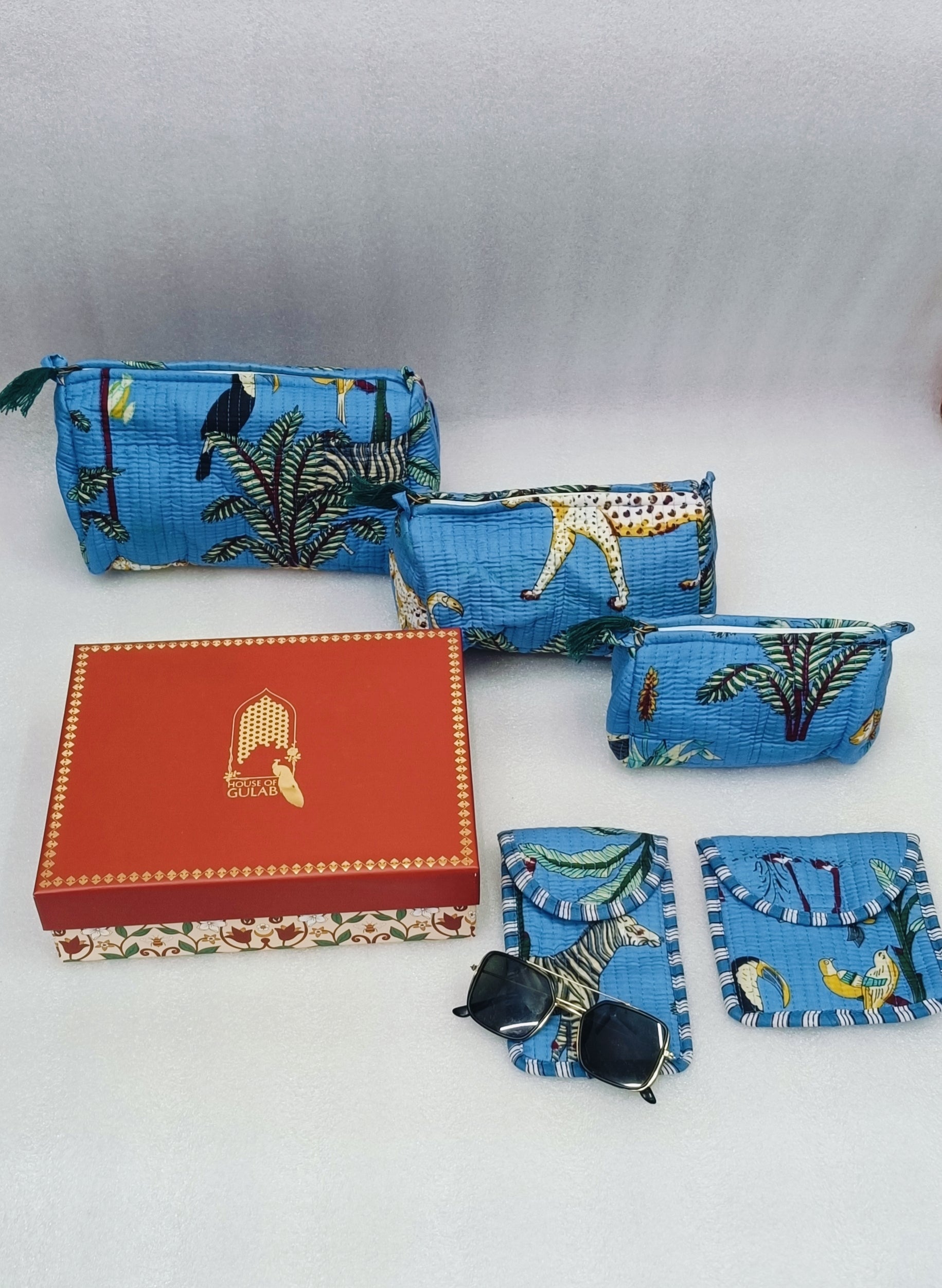 Rakhi Gift Box – Set of 5 Utility Pouches (3 Makeup Pouches, 1 Sunglass Pouch, 1 Sanitary Napkin Pouch)
