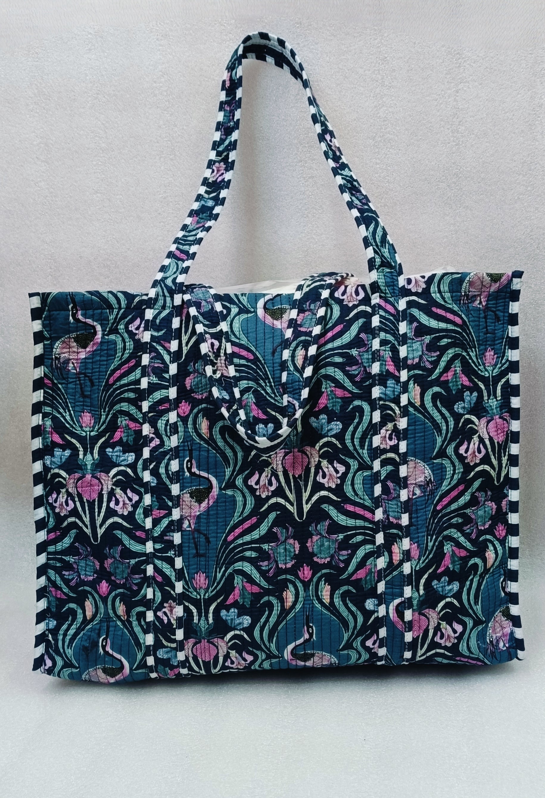 Handblock Printed Quilted Tote Bag without zip/button 17x18x 6 inches