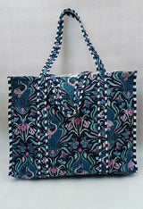 Handblock Printed Quilted Tote Bag without zip/button 17x18x 6 inches
