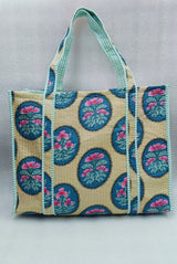 Handblock Printed Quilted Tote Bag without zip/button 17x18x 6 inches