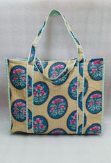 Handblock Printed Quilted Tote Bag without zip/button 17x18x 6 inches