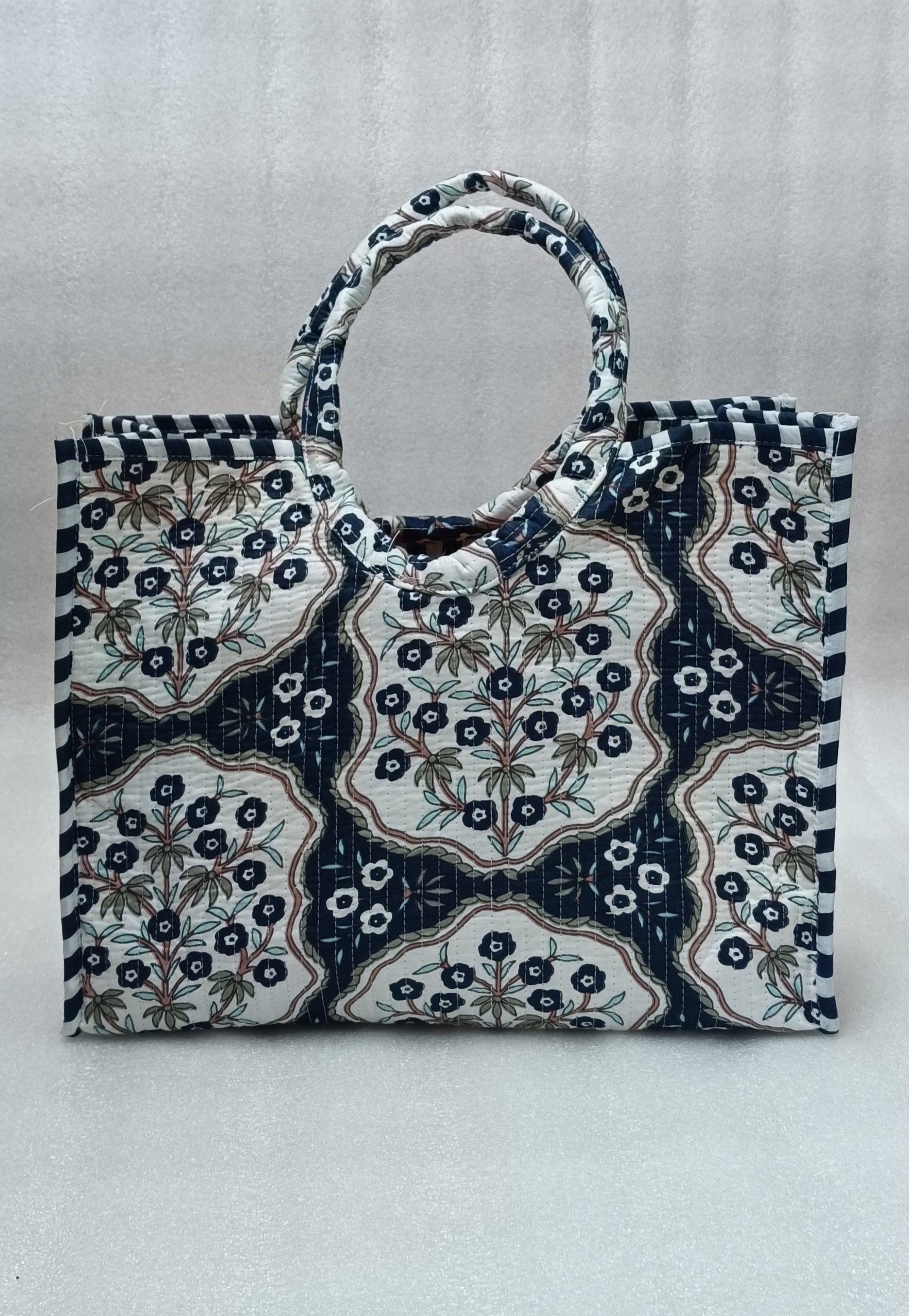 Handblock Printed Cotton Tote Bag with Unique Moon-Shaped Handle- 14x14x6 inches