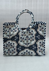Handblock Printed Cotton Tote Bag with Unique Moon-Shaped Handle- 14x14x6 inches