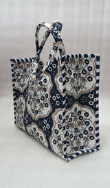 Handblock Printed Cotton Tote Bag with Unique Moon-Shaped Handle- 14x14x6 inches