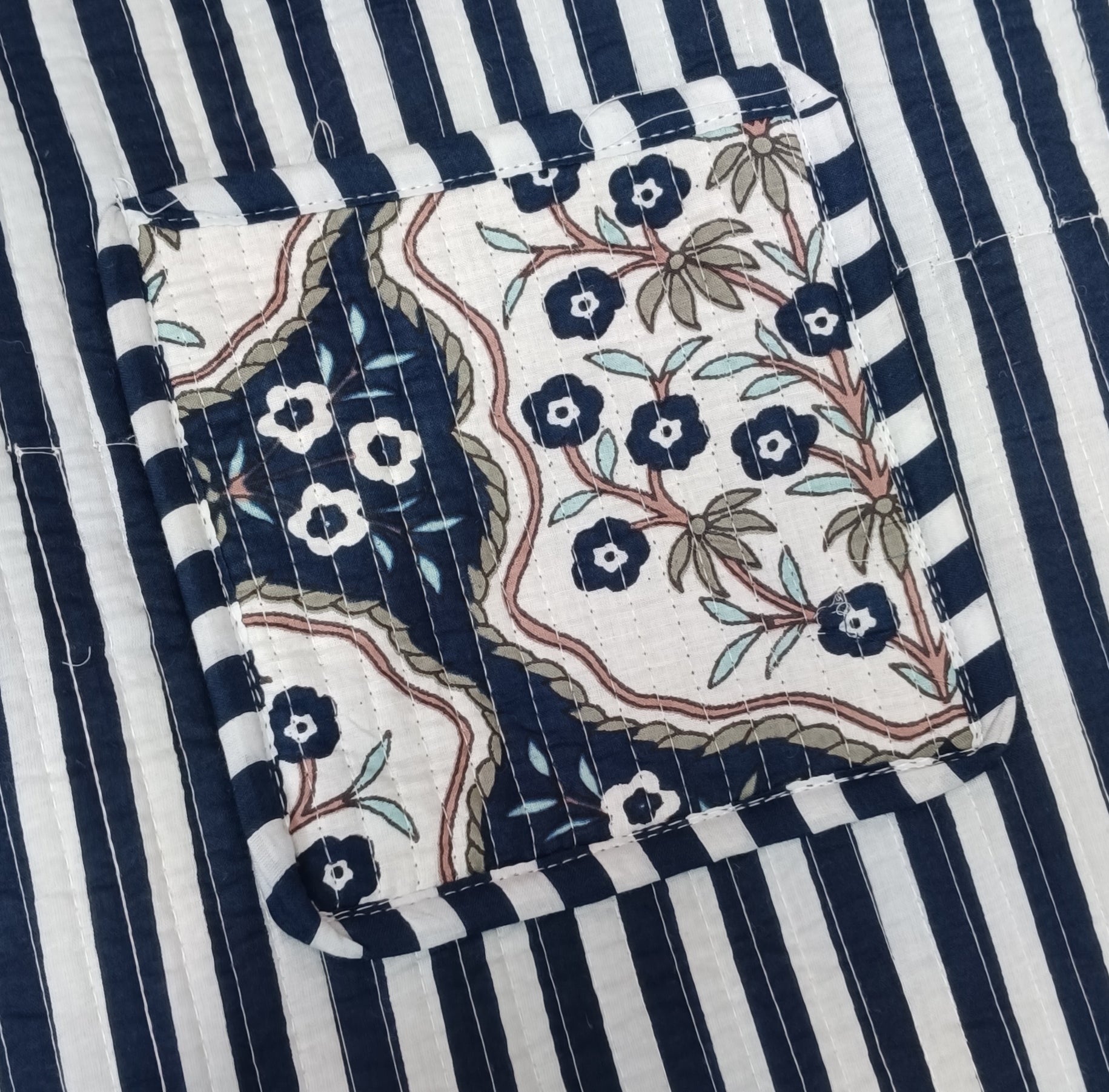 Handblock Printed Cotton Tote Bag with Unique Moon-Shaped Handle- 14x14x6 inches