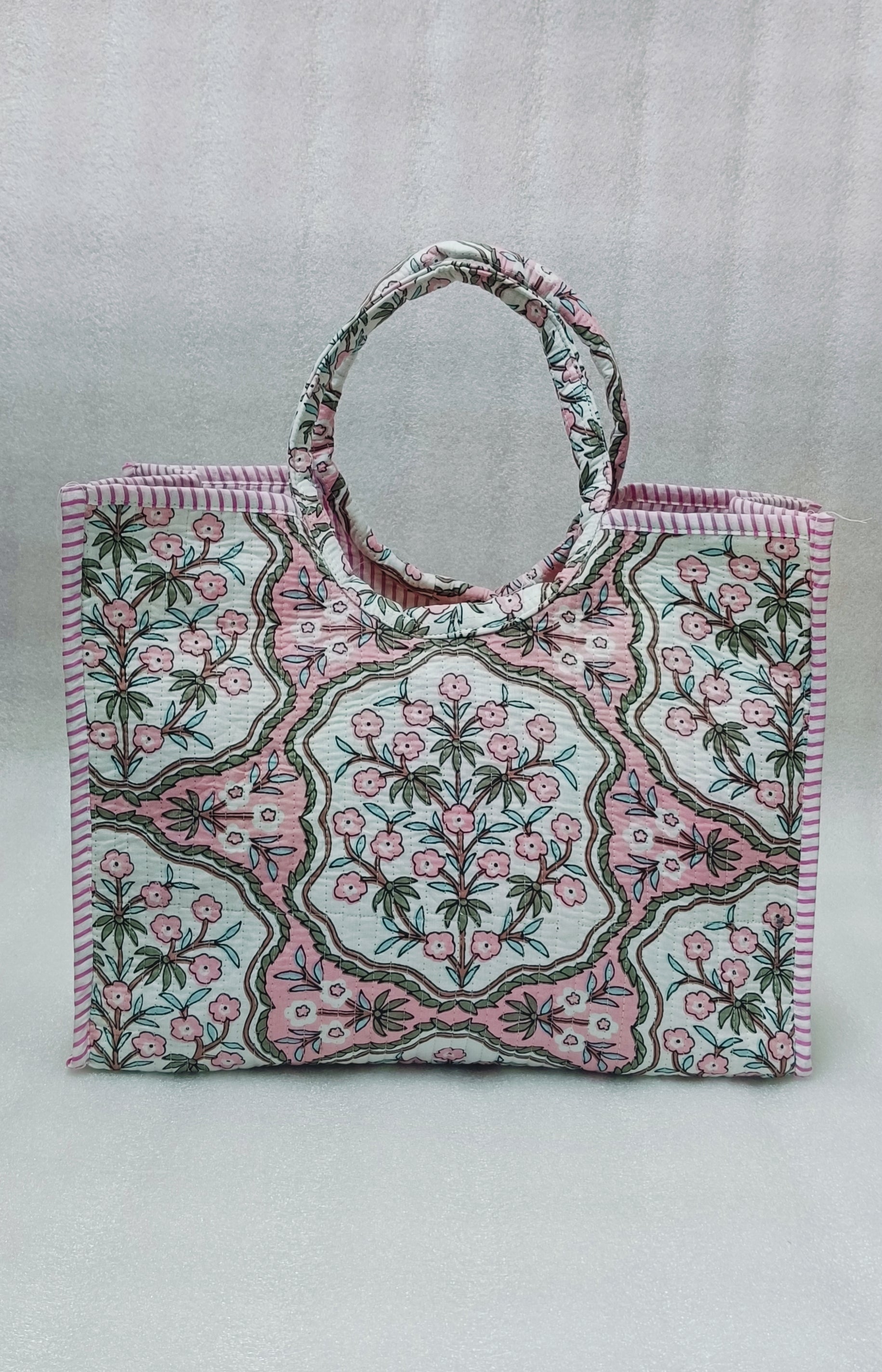 Handblock Printed Cotton Tote Bag with Unique Moon-Shaped Handle- 14x14x6 inches