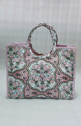 Handblock Printed Cotton Tote Bag with Unique Moon-Shaped Handle- 14x14x6 inches